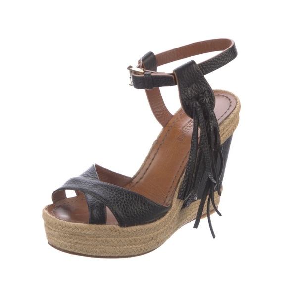 Valentino Garavani C-Rocker Fringe Leather Espadrille Wedge Shoes